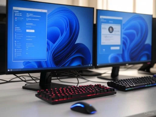 Two computer monitors displaying login screens sit on a desk with a keyboard and mouse in front.