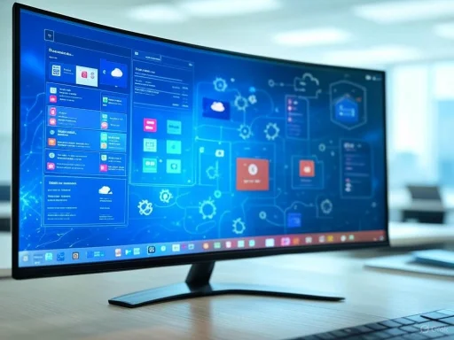 A curved computer monitor displaying a digital interface with cloud and gear icons, set on a wooden desk in a modern office. A curved computer monitor displaying a digital interface with cloud and gear icons, set on a wooden desk in a modern office.