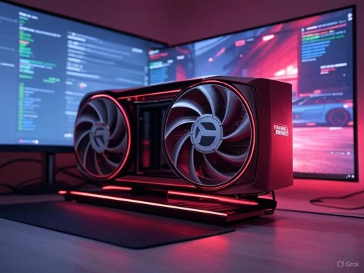 A high-performance graphics card illuminated with pink lighting in front of dual monitor screens displaying gaming or coding scenes.