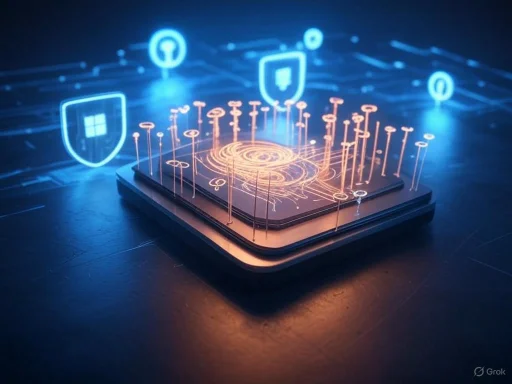 A futuristic digital illustration of a smartphone with holographic security icons, including shields and locks.