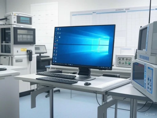 This image shows a modern laboratory workspace with computers and scientific equipment on white desks. This image shows a modern laboratory workspace with computers and scientific equipment on white desks.