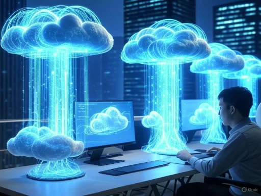 A person works at a desk with digital cloud graphics projected in a futuristic cityscape background.