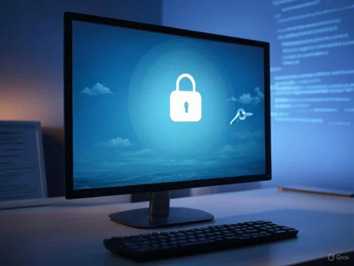 A computer monitor displays a lock icon, symbolizing security or data encryption, with a key floating nearby.