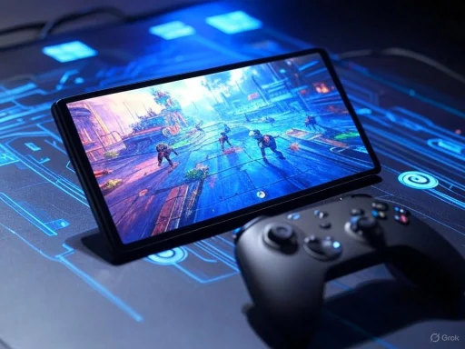 A smartphone displaying a futuristic video game scene, accompanied by a game controller on a high-tech desk.