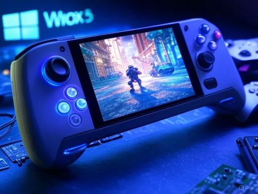 A handheld gaming console displaying a sci-fi game scene, with a Windows 5 logo in the background.