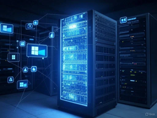 A futuristic data center with servers and digital icons representing cloud computing and network connectivity.