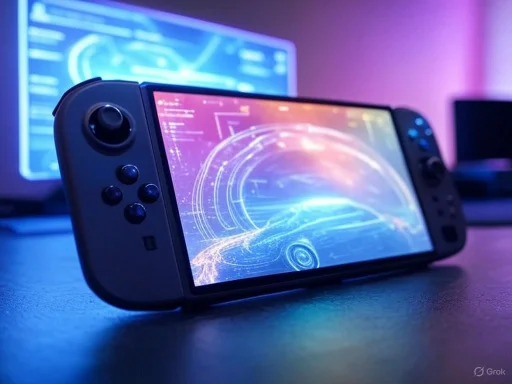A gaming console displaying a futuristic digital interface, with screens in the background showing technical graphics.