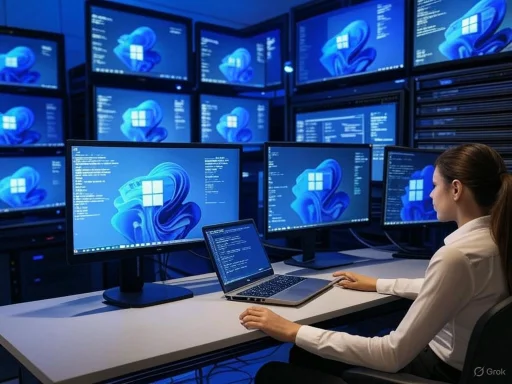 A woman working on multiple Windows operating system screens in a high-tech monitoring or cybersecurity environment.