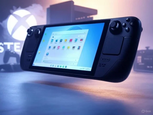 A handheld gaming console displaying a screen with app icons, set against a background featuring the Xbox logo.