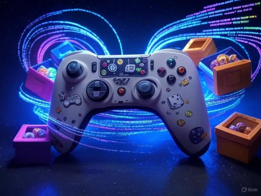 A decorated game controller surrounded by colorful boxes with glowing swirling lights in the background.