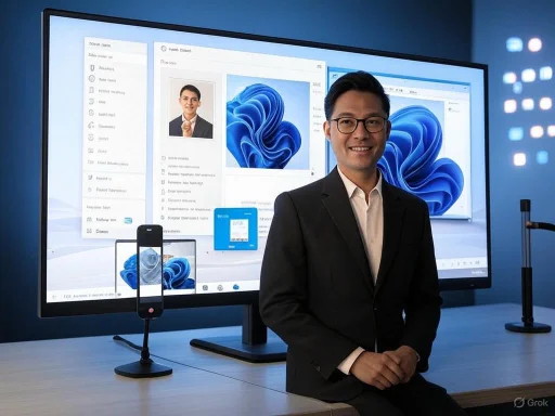 A man in a suit smiles in front of a large screen displaying a digital interface and a smartphone, likely during a presentation. A man in a suit smiles in front of a large screen displaying a digital interface and a smartphone, likely during a presentation.