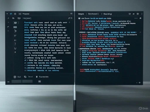 A split-screen monitors display code and text with syntax highlighting on a metallic desk.