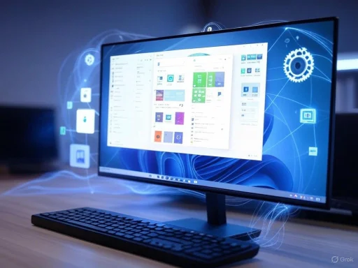 A computer monitor displaying a digital interface with floating icons and graphics suggesting connectivity and technology.