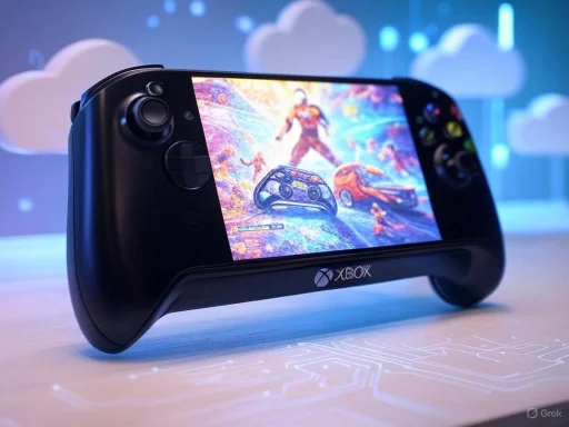 A handheld gaming console displaying a vibrant action game with a sci-fi background.