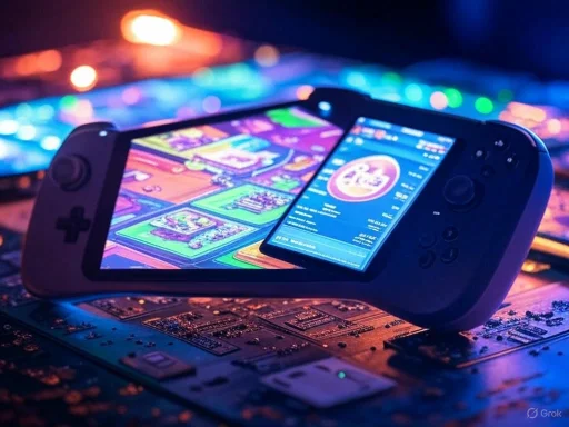 A gaming console with a colorful game display, placed on a circuit board with bright, blurry lights in the background.