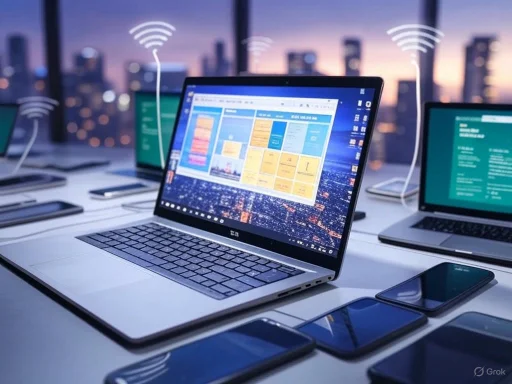 Multiple laptops and smartphones on a table in a high-rise office with wireless signals and a city skyline at dusk.