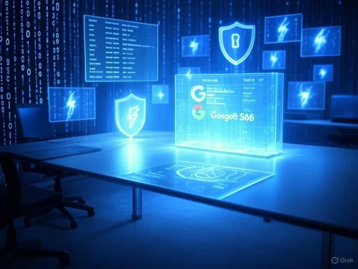 Futuristic digital security room with holographic shields and data displays, emphasizing cybersecurity.