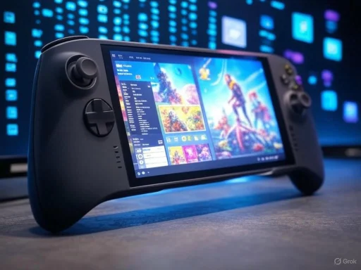 A handheld gaming console displaying colorful game thumbnails against a vibrant digital background.
