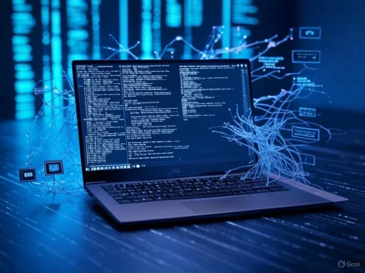 A laptop surrounded by digital data streams and code, representing cybersecurity or hacking in a digital environment.
