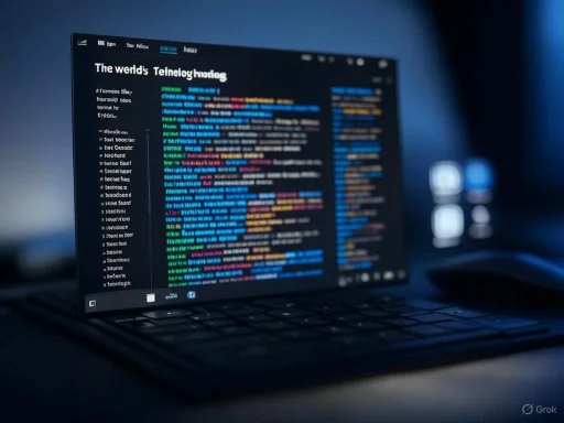 A laptop screen displays a coding webpage with colorful code snippets and a dark background, in a dimly lit environment.