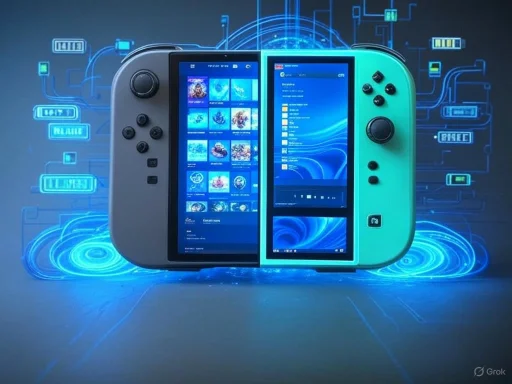 A Nintendo Switch with screens displaying game libraries and a futuristic digital background.