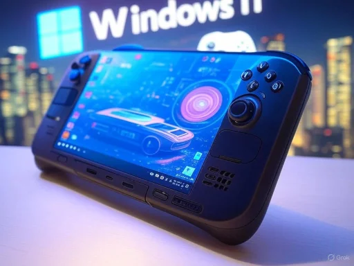 A handheld gaming device displays a futuristic car design on its screen with a Windows 11 background behind it.