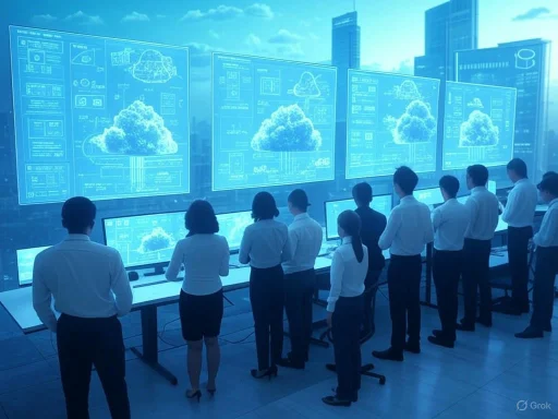 Group of professionals analyzing cloud computing data on large digital screens in a modern city office.