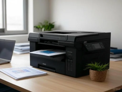 A black multifunction printer is printing documents on a wooden office desk next to a potted plant and open laptop.