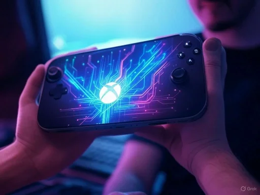 A person holds a gaming handheld device with the Xbox logo and vibrant, neon circuit-like graphics on the screen.
