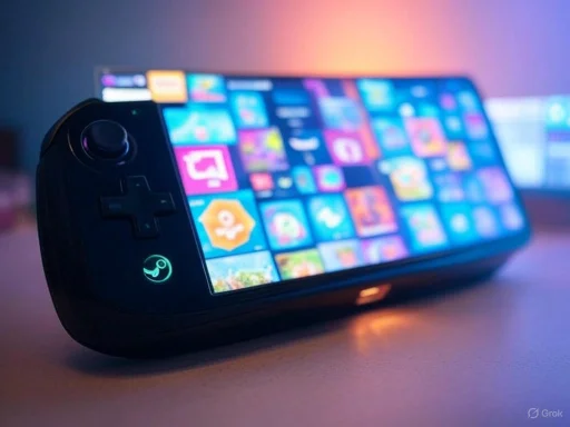 A handheld gaming device with a colorful app grid, illuminated by a soft, ambient background light.