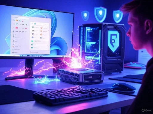 A person monitors a high-tech computer setup with electric sparks and security shield icons, indicating cybersecurity activity.