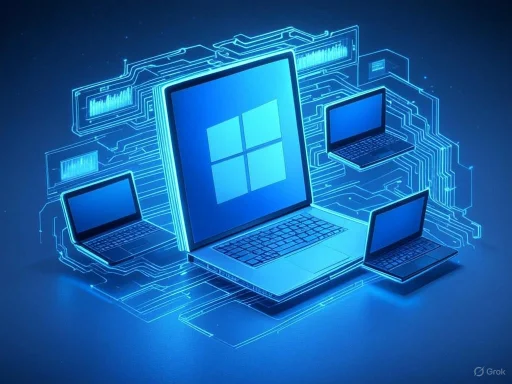 Digital illustration of multiple laptops connected and synchronized around a central Windows logo, representing technology and connectivity.