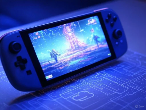 A handheld gaming console displaying a vibrant sci-fi game scene with futuristic characters and landscapes.