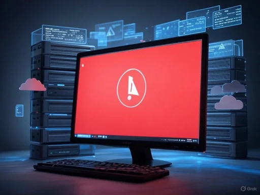 A computer monitor displays a red warning screen with an exclamation mark inside a triangle, indicating a system alert or error. A computer monitor displays a red warning screen with an exclamation mark inside a triangle, indicating a system alert or error.