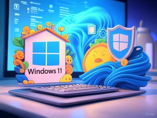 Colorful animated graphics of Windows 11, a shield, a house, and expressive emoticons on a computer screen.