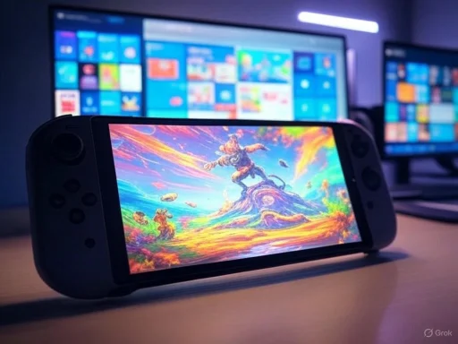 A handheld gaming device displaying vibrant artwork, with a multi-screen setup in the background. A handheld gaming device displaying vibrant artwork, with a multi-screen setup in the background.