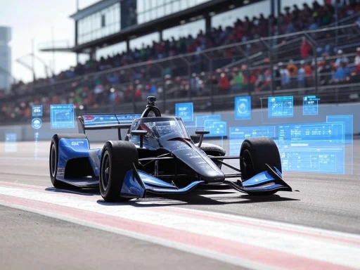 A futuristic racing car on a track with holographic digital displays in a crowded stadium.