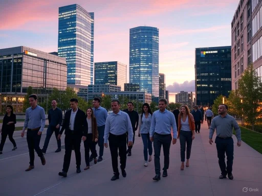 A group of professionals walks confidently through a modern cityscape at sunset.