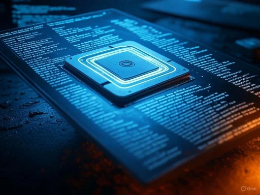 A microchip on a circuit board illuminated with blue light, surrounded by printed technical data.