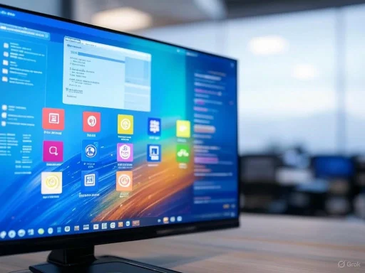A computer monitor displaying a blue desktop interface with colorful application icons in a bright, modern workspace.
