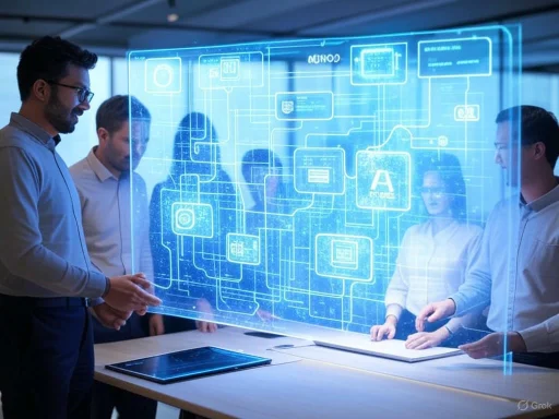 Team members analyze a holographic digital interface during a technological presentation or brainstorming session.
