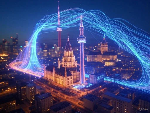Futuristic cityscape at night with illuminated buildings and dynamic blue and purple light trails arcing across the sky.