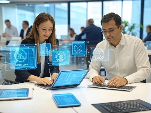 Two professionals working on digital devices with holographic interface in a modern office setting.
