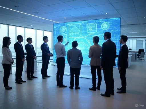 A group of professionals in business attire observing a digital team presentation on a large screen in a modern office.