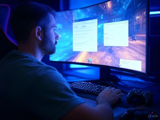 A man with a beard plays a computer game on a large screen in a dark room with blue lighting.
