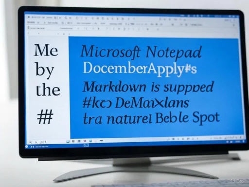 A computer monitor displaying a mix of text about Markdown, Notepad, and hashtags with varied font styles and colors.