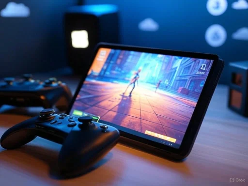 A gaming tablet displaying a colorful city scene, with a gaming controller in the foreground.