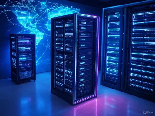 Data centers with illuminated servers and a digital world map on the wall.