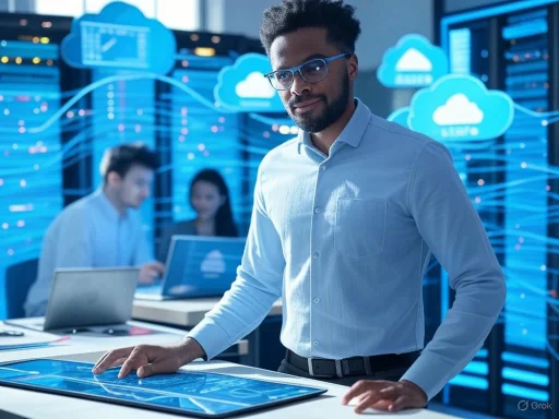 A man in a light blue shirt stands at a digital tablet in a high-tech data center with cloud computing graphics in the background.