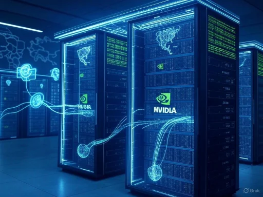Futuristic digital servers with glowing graphics and maps, labeled 'MVIDLA', in a high-tech data center.